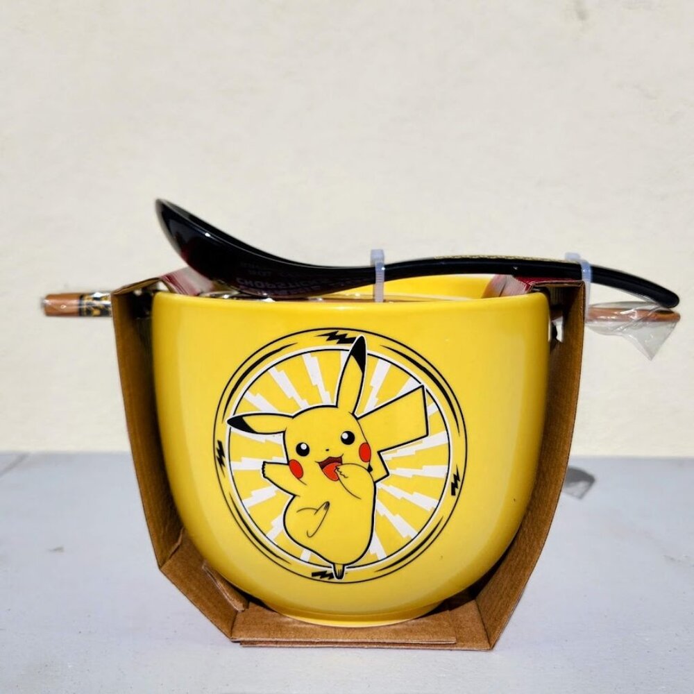 NEW Pokemon Pikachu Ceramic Ramen Bowl Chopsticks and Spoon Microwave Safe 20 oz